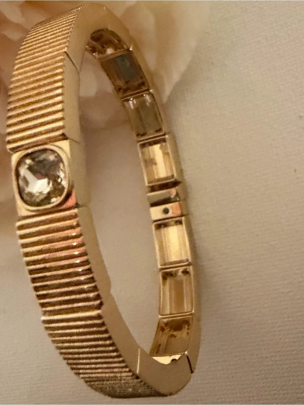 Roxanne Assoulin Gold Ribbed Cuff Bracelet with Crystal Stone NEW AUTHENTIC